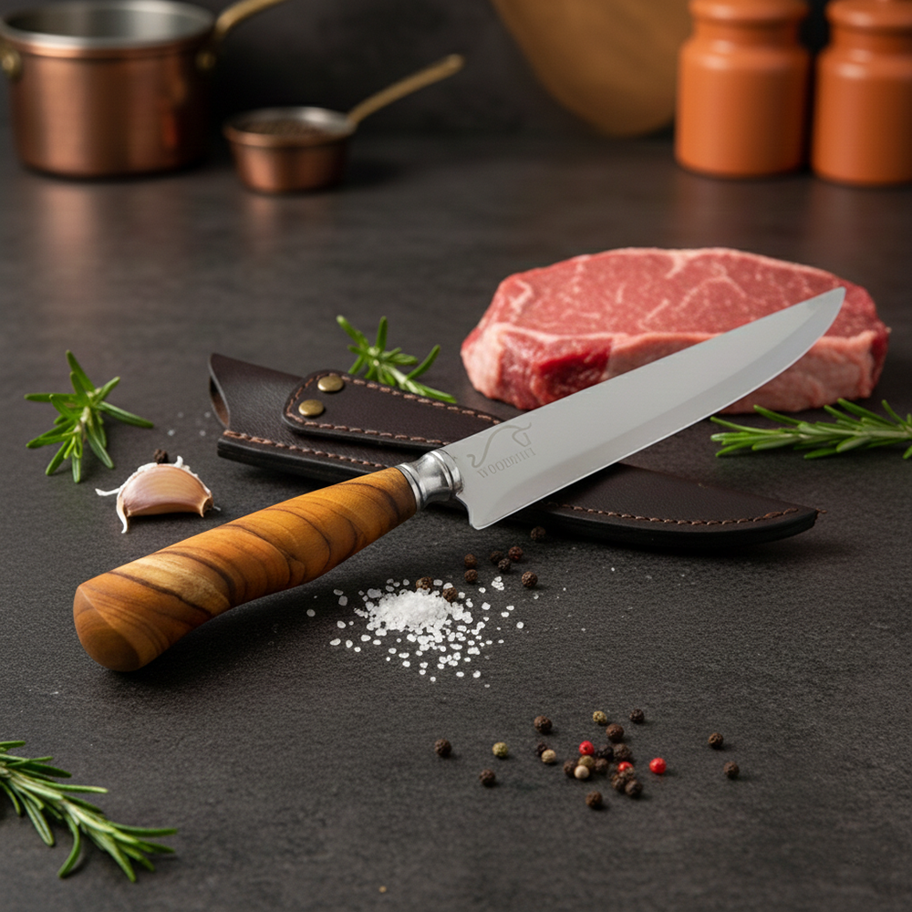 Faca para Churrasco Personalizada Inox Artesanal Cabo Madeira 7″ c/ Bainha