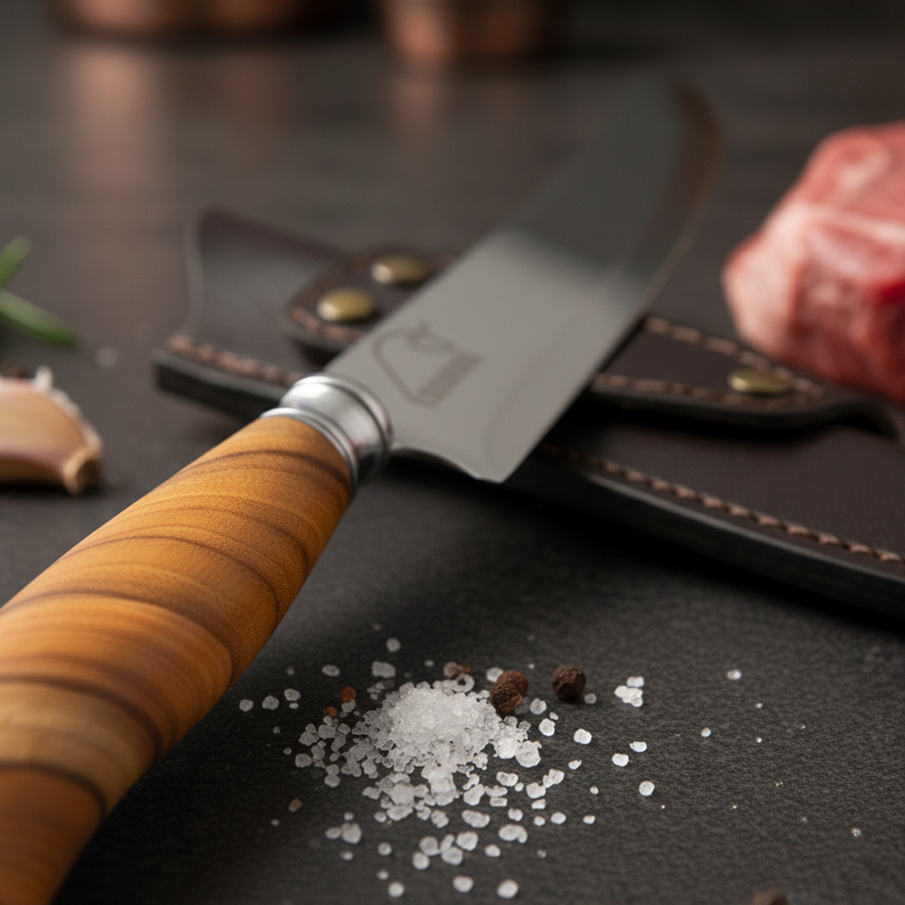 Faca para Churrasco Personalizada Inox Artesanal Cabo Madeira 7″ c/ Bainha