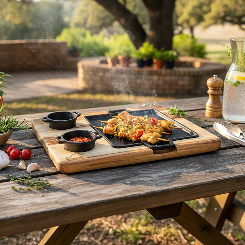 Tábua de Madeira com Chapa de Ferro Fundido e 2 Molheiras para Servir