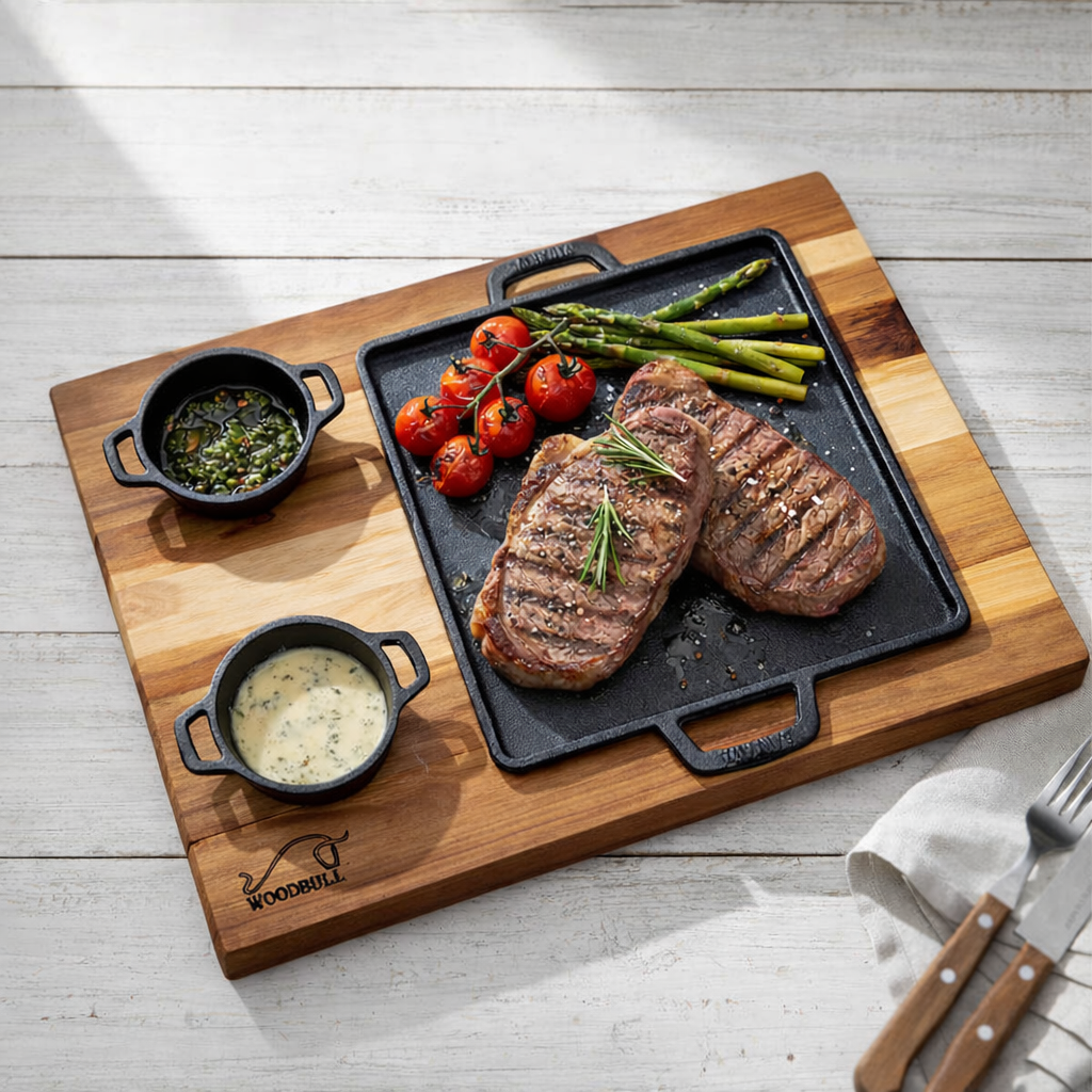 Tábua de Madeira com Chapa de Ferro Fundido e 2 Molheiras para Servir