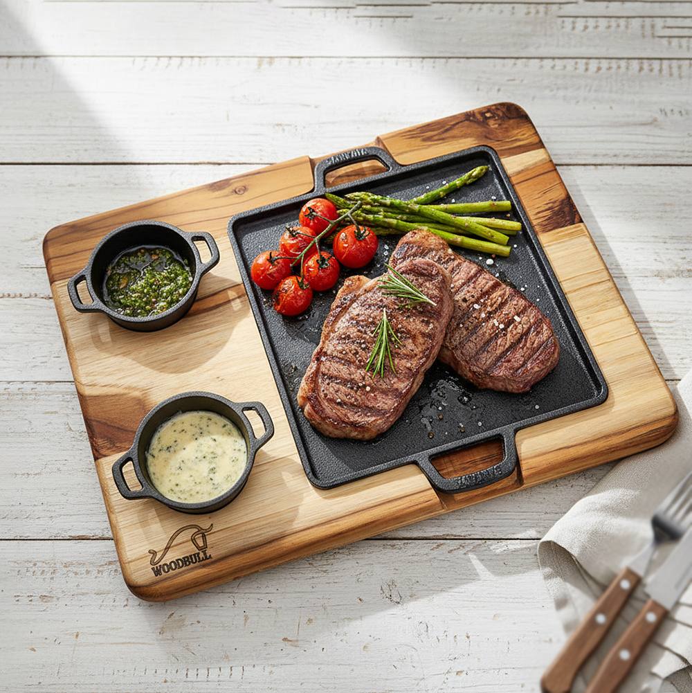 Tábua de Madeira com Chapa de Ferro Fundido e 2 Molheiras