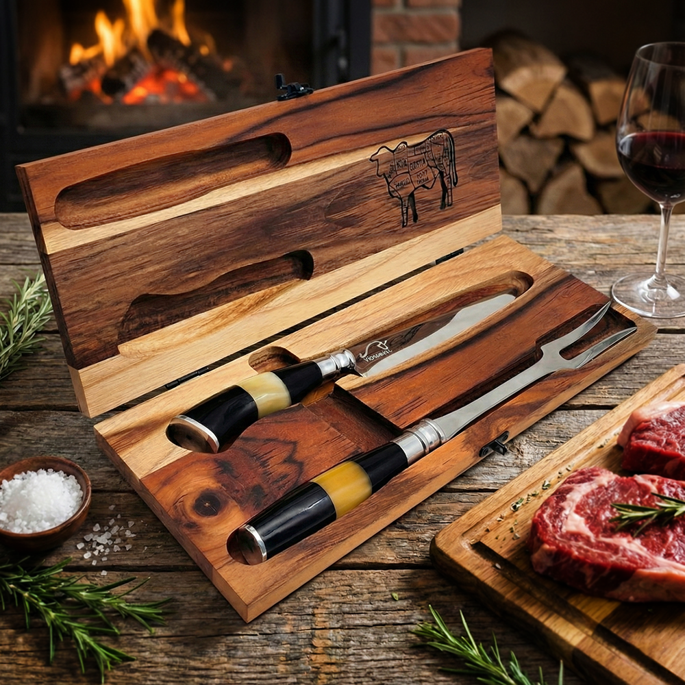Conjunto Garfo Trinchante e Faca Cabo Osso e Chifre com Estojo em Madeira