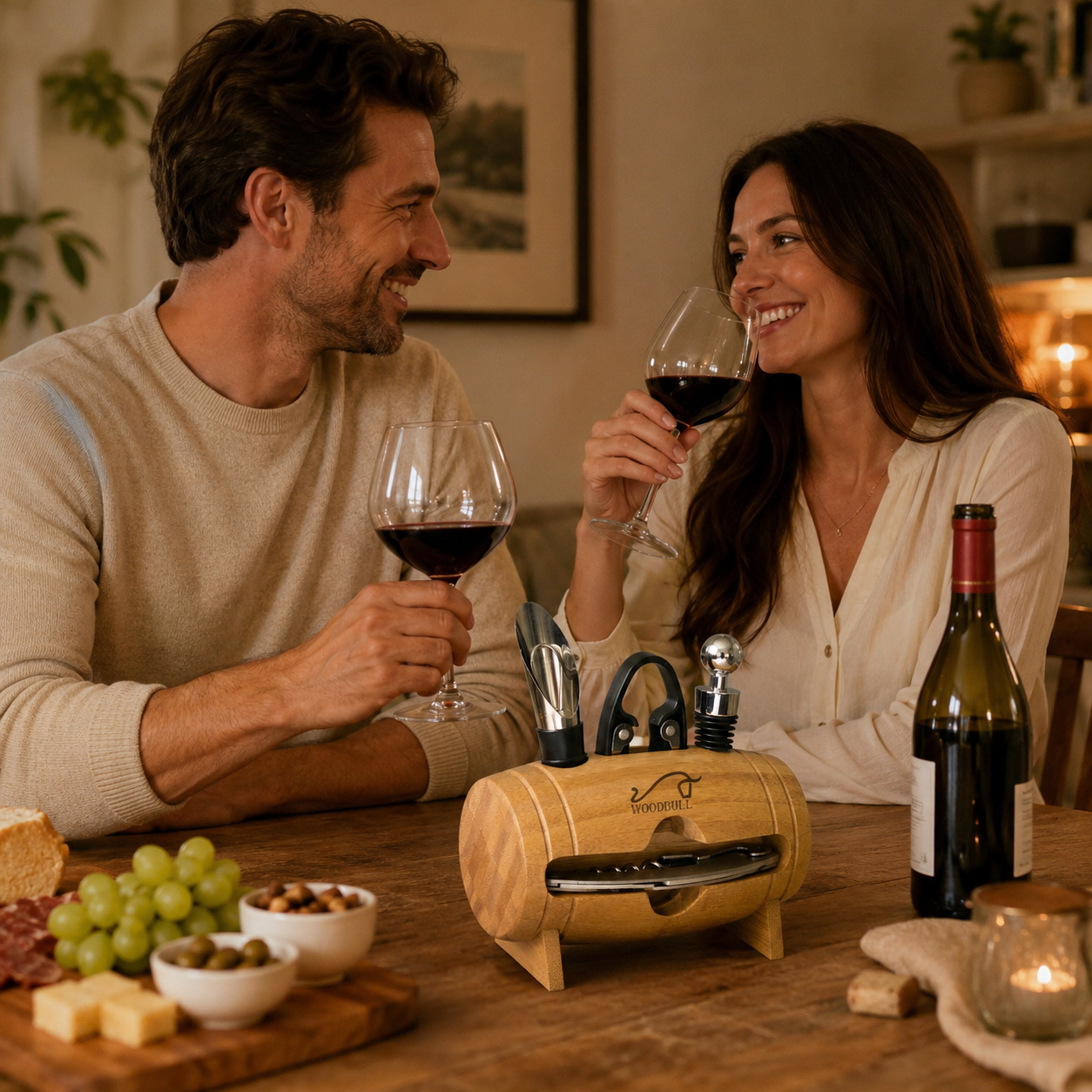 Kit para Vinho com 4 Peças e Suporte de Barril Decorativo