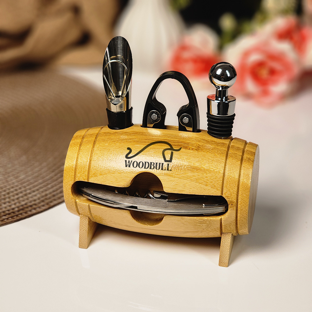 Kit para Vinho com 4 Peças e Suporte de Barril Decorativo