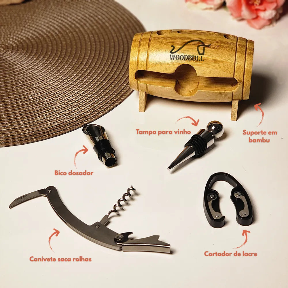 Kit para Vinho com 4 Peças e Suporte de Barril Decorativo
