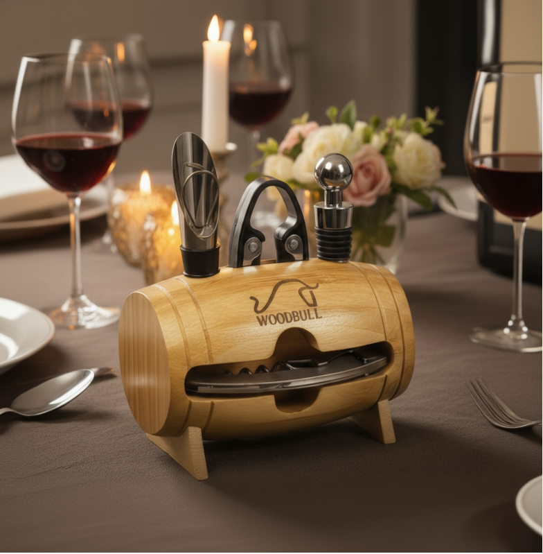 Kit para Vinho com 4 Peças e Suporte de Barril Decorativo