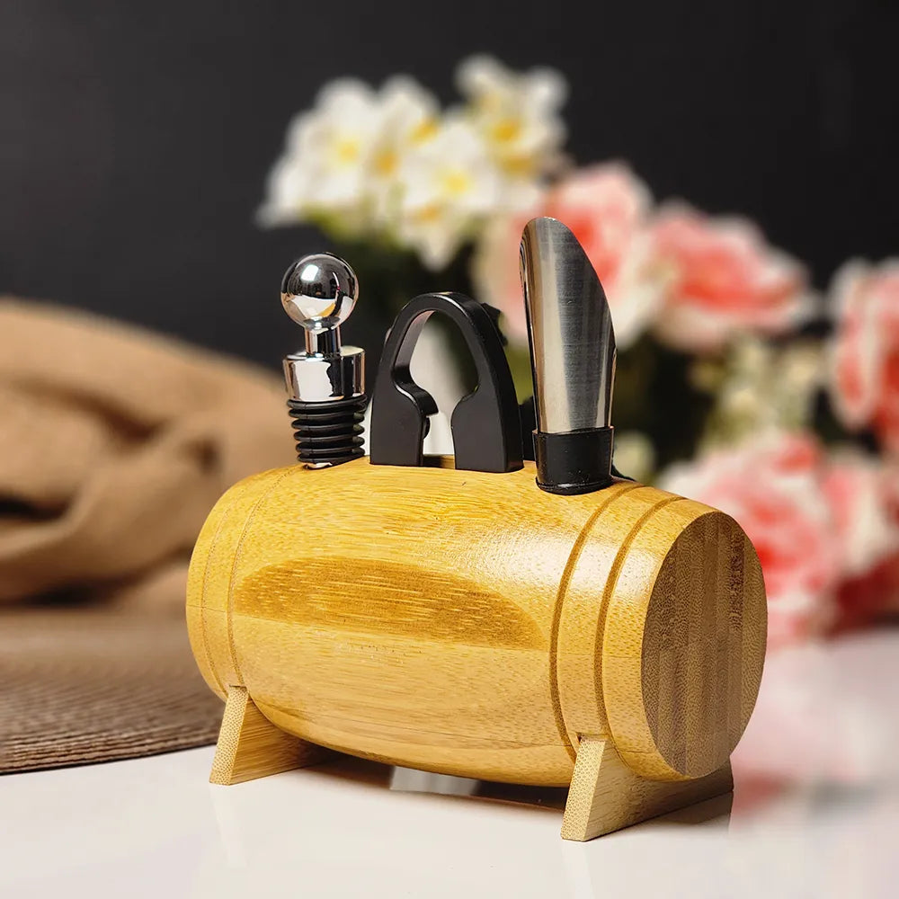 Kit para Vinho com 4 Peças e Suporte de Barril Decorativo