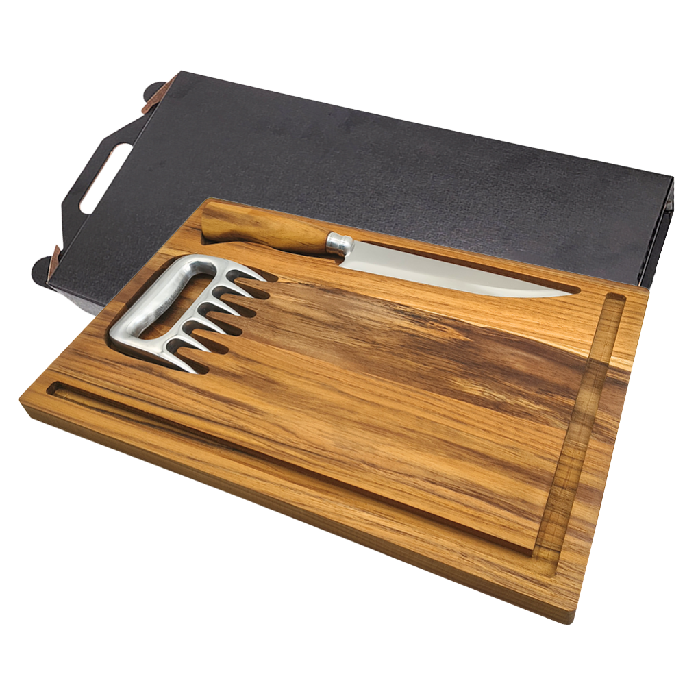Kit Churrasco Personalizado p Presente Faca Teca 7'' + Garra de Urso e Tábua com Berço