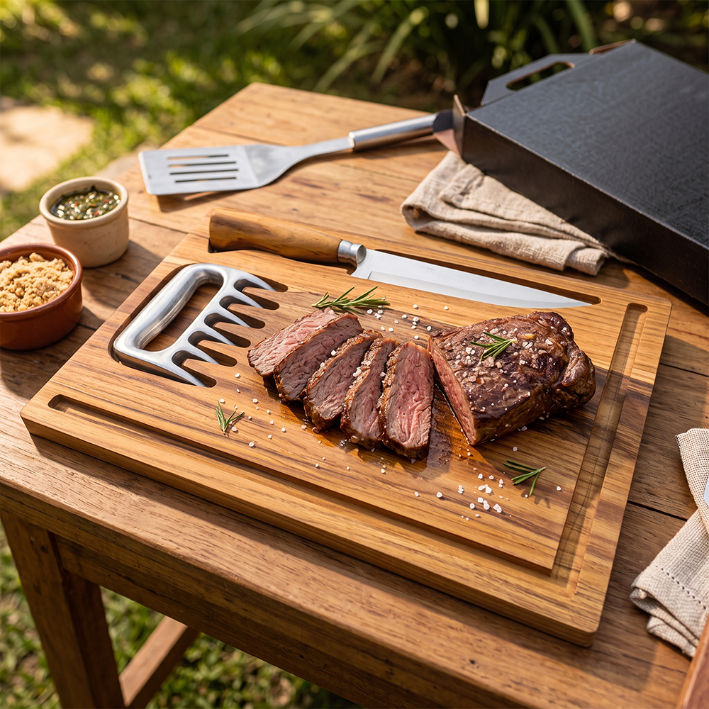 Kit Churrasco Personalizado p Presente Faca Teca 7'' + Garra de Urso e Tábua com Berço