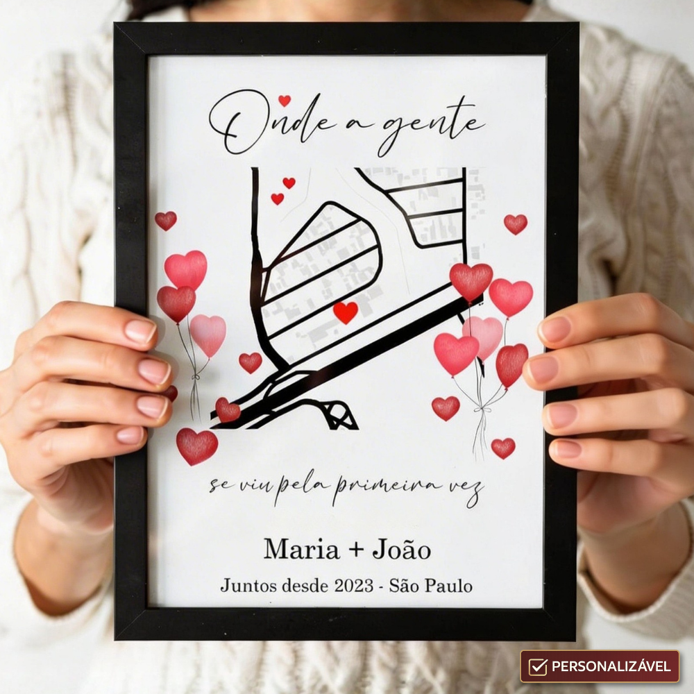 Quadro Mapa Personalizado com Nomes e Local 21x29,7 cm | Com Vidro | Preto, Branco ou Prata