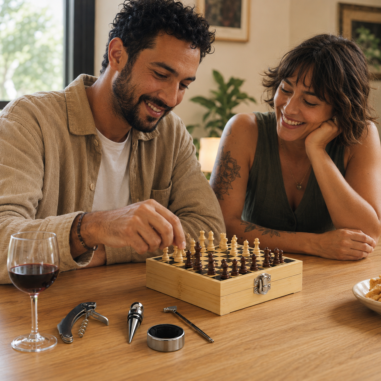 Kit de Vinho com 4 Acessórios + Jogo de Xadrez