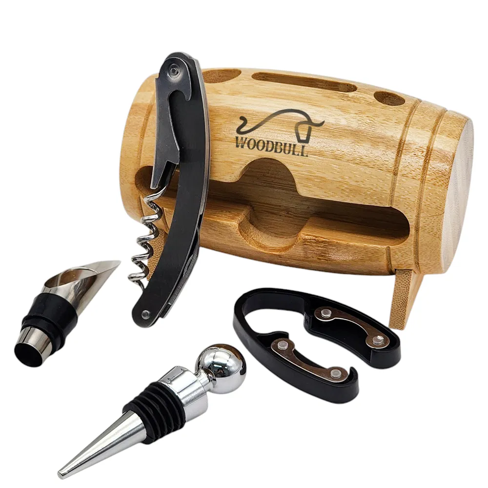 Kit para Vinho com 4 Peças e Suporte de Barril Decorativo