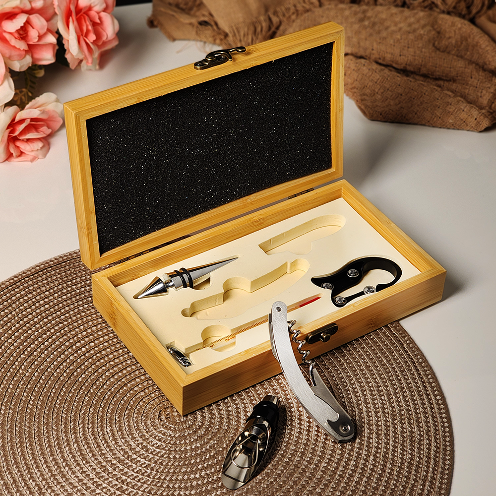 Kit para Vinho com 5 Peças em Caixa de Bambu, Acessórios Sommelier, Presente Elegante para Amantes de Vinho
