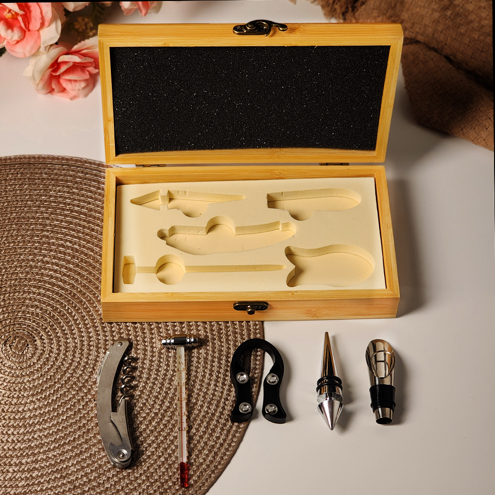 Kit para Vinho com 5 Peças em Caixa de Bambu, Acessórios Sommelier, Presente Elegante para Amantes de Vinho