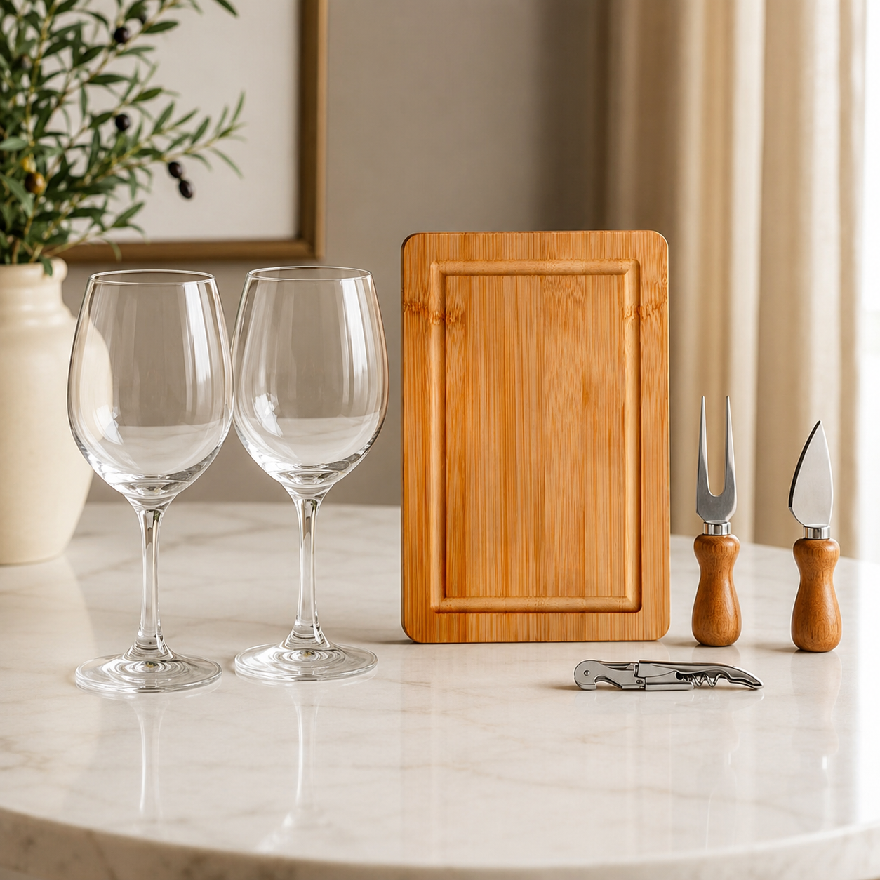 Kit Queijo e Vinho Presente | 6 Peças em Bambu e Inox