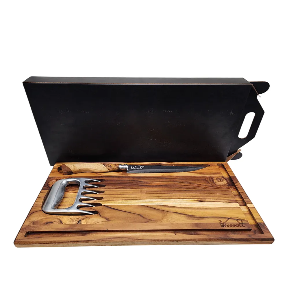 Kit Churrasco Personalizado p Presente Faca Teca 7'' + Garra de Urso e Tábua com Berço