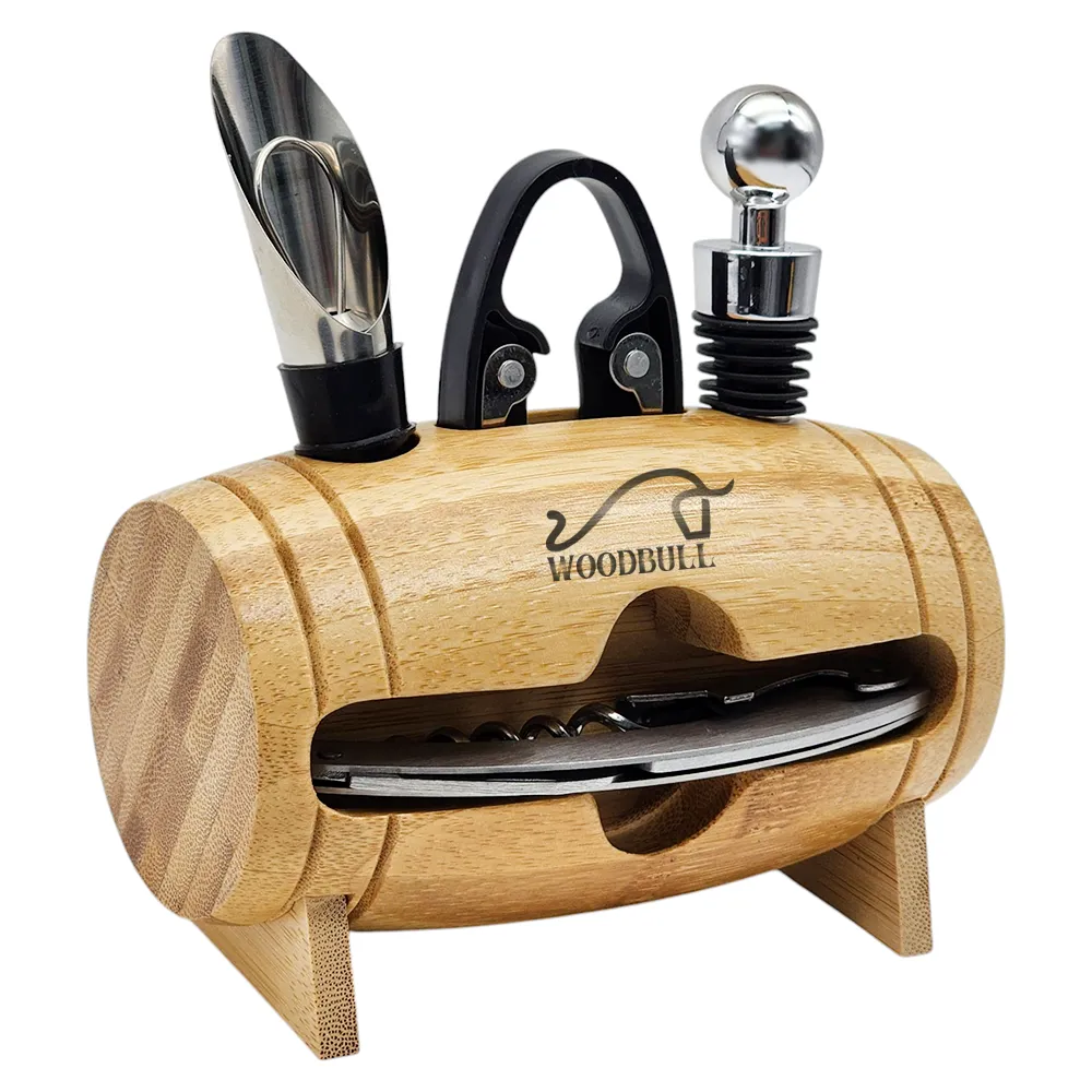 Kit para Vinho com 4 Peças e Suporte de Barril Decorativo