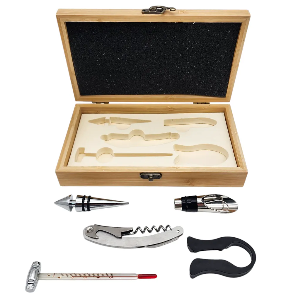 Kit para Vinho com 5 Peças em Caixa de Bambu | Presente Elegante