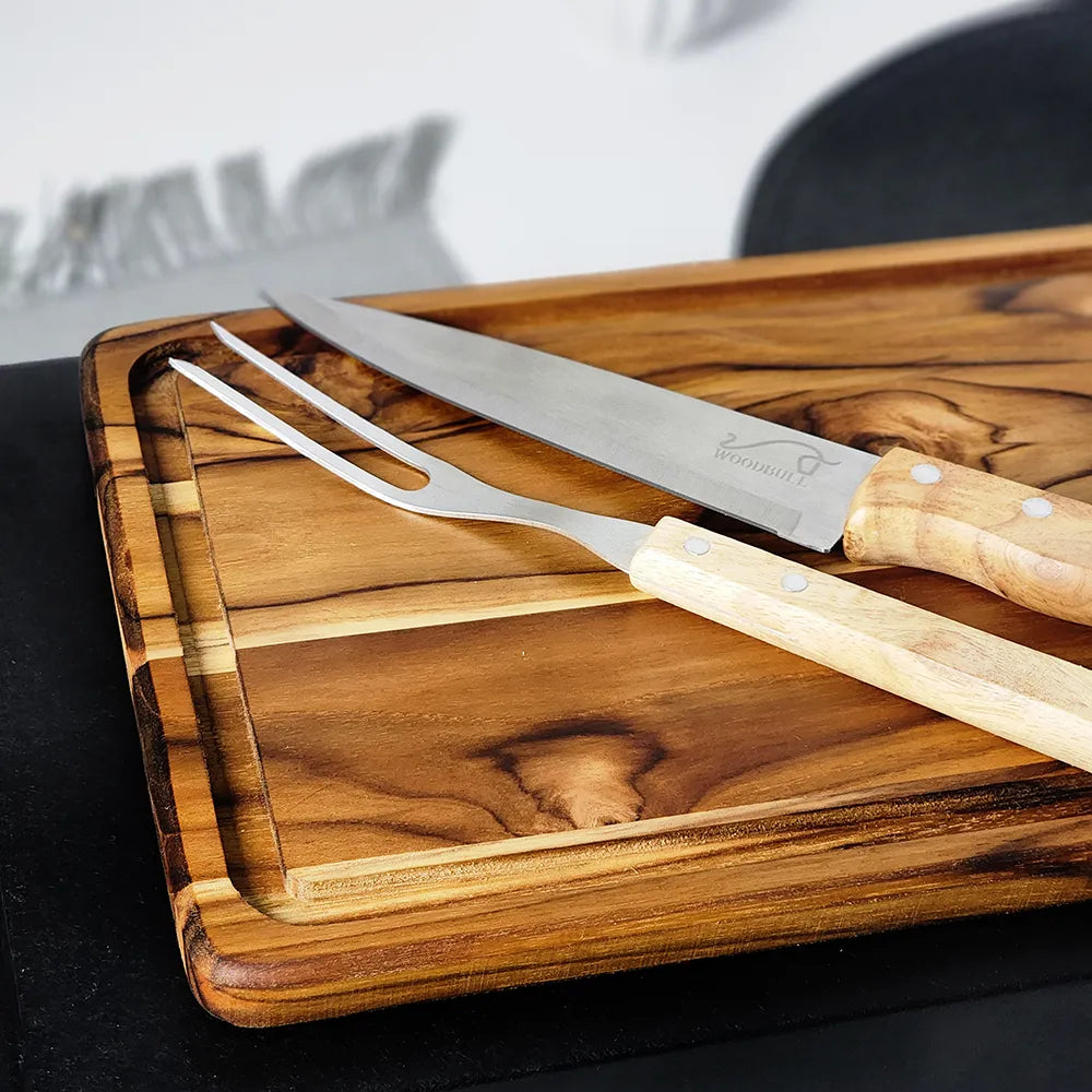 Kit para Churrasco em Madeira Teca com 3 Peças | Presente Gourmet