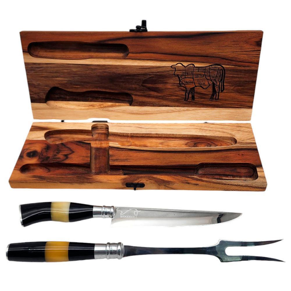 Conjunto Garfo Trinchante e Faca Cabo Osso e Chifre com Estojo em Madeira
