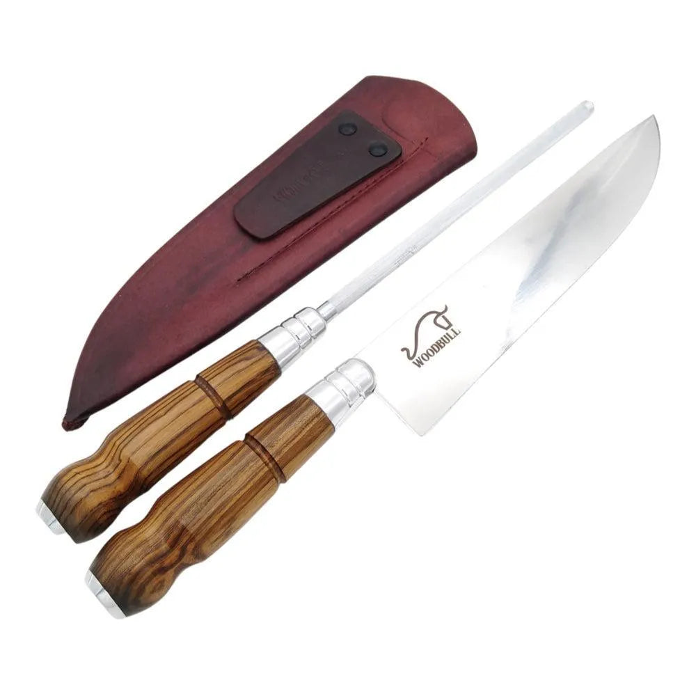Faca e Chaira para Churrasco Personalizada Inox Artesanal Cabo Madeira 8” c/ Bainha