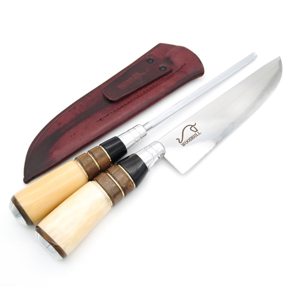 Faca e Chaira para Churrasco Personalizada Inox Artesanal Cabo Osso Madeira 8" c/ Bainha