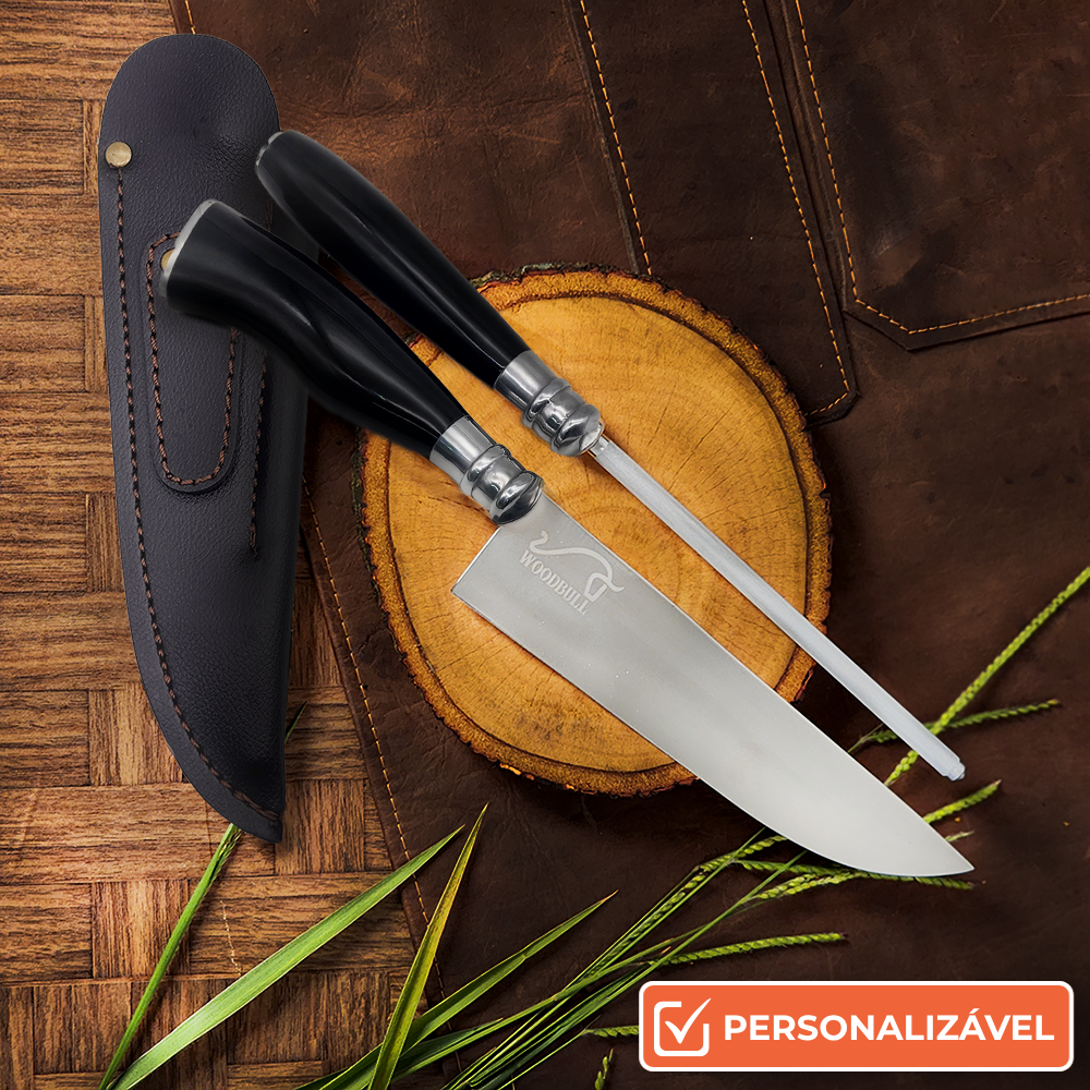 Faca e Chaira para Churrasco Personalizada Inox Artesanal Cabo em Chifre 7'' c/ Bainha