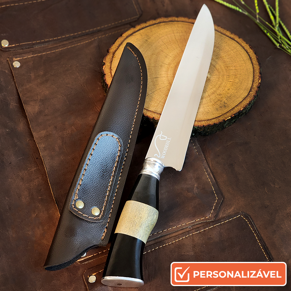Faca para Churrasco Personalizada Inox Artesanal Chifre Madeira 8" c/ Bainha