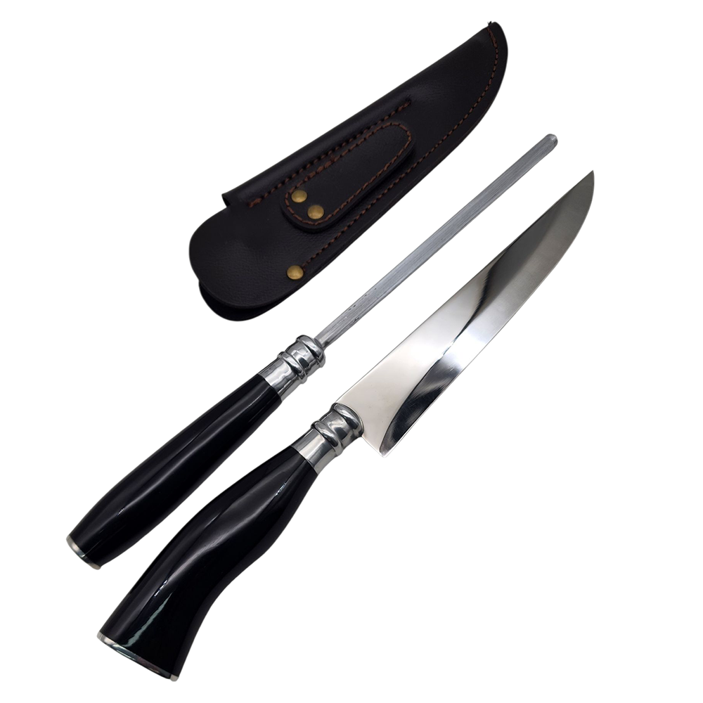 Faca e Chaira para Churrasco Personalizada Inox Artesanal Cabo em Chifre 7'' c/ Bainha