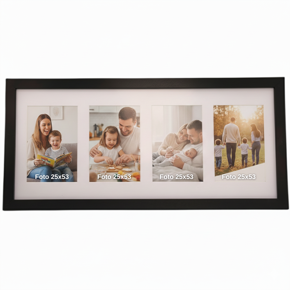 Porta Retrato 25X53cm Vertical 4 Fotos Personalizado c/ Paspatur - Branco/ Preto - HORIZONTAL