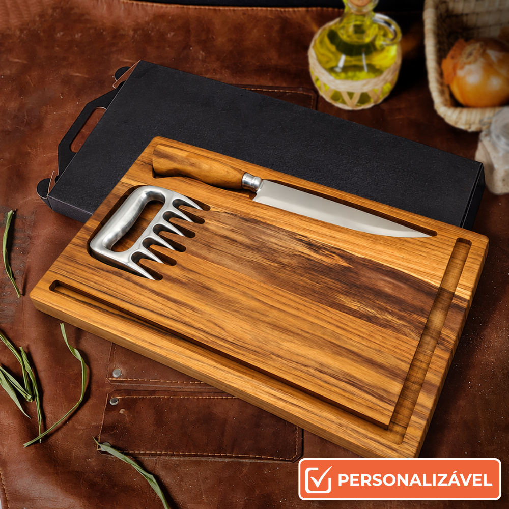 Kit Churrasco Personalizado p Presente Faca Teca 7'' + Garra de Urso e Tábua com Berço