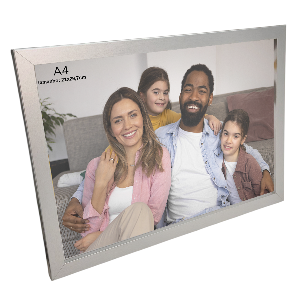Porta Retrato Vertical 21X29.7 cm Personalizado c/ Vidro Preto/ Branco/ Prata - HORIZONTAL