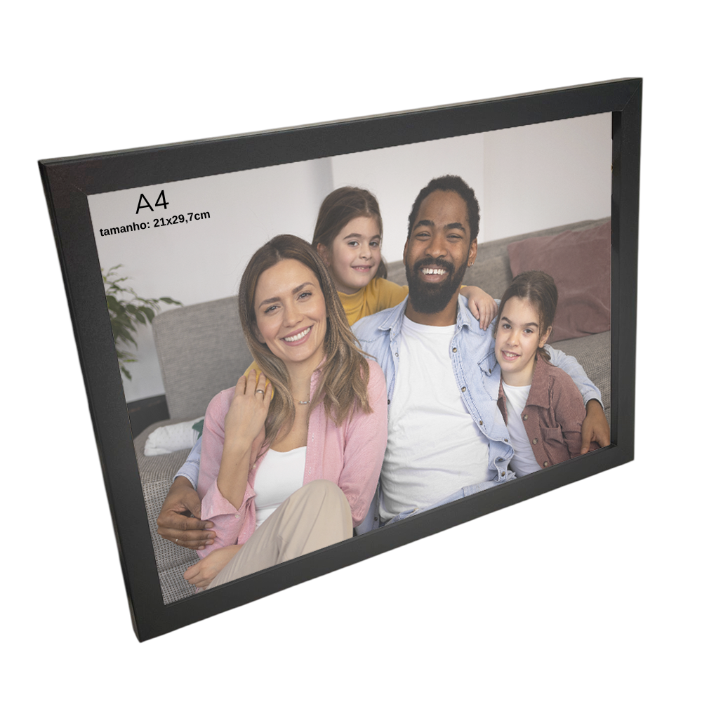 Porta Retrato Vertical 21X29.7 cm Personalizado c/ Vidro Preto/ Branco/ Prata - HORIZONTAL