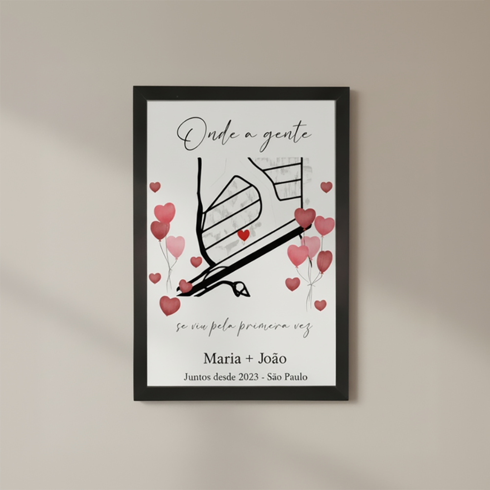 Quadro Mapa Personalizado com Nomes e Local 21x29,7 cm | Com Vidro | Preto, Branco ou Prata