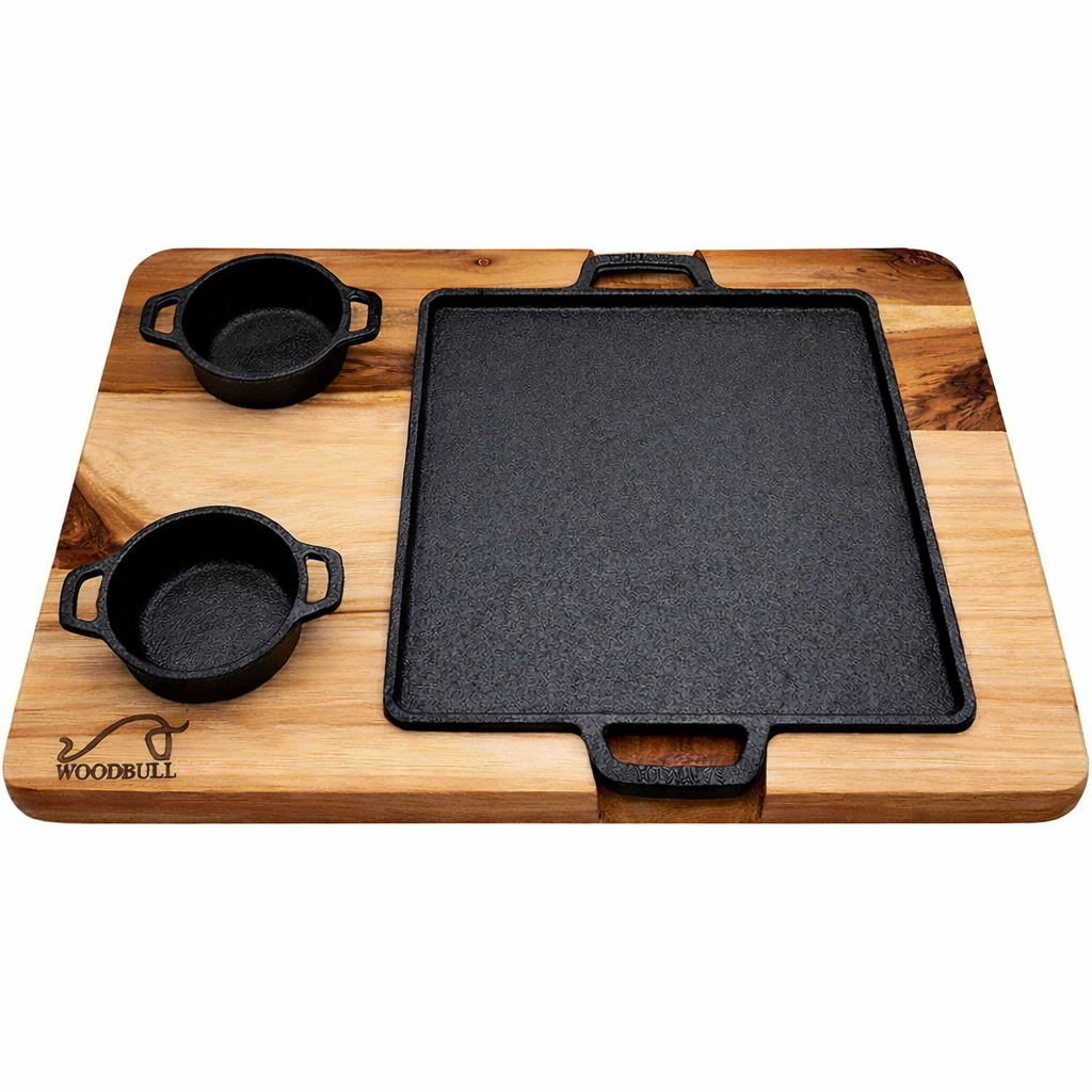 Tábua de Madeira com Chapa de Ferro Fundido e 2 Molheiras para Servir
