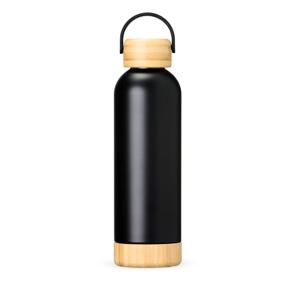 Garrafa Térmica Parede Dupla com Detalhes em Bambu | 500ml Preta