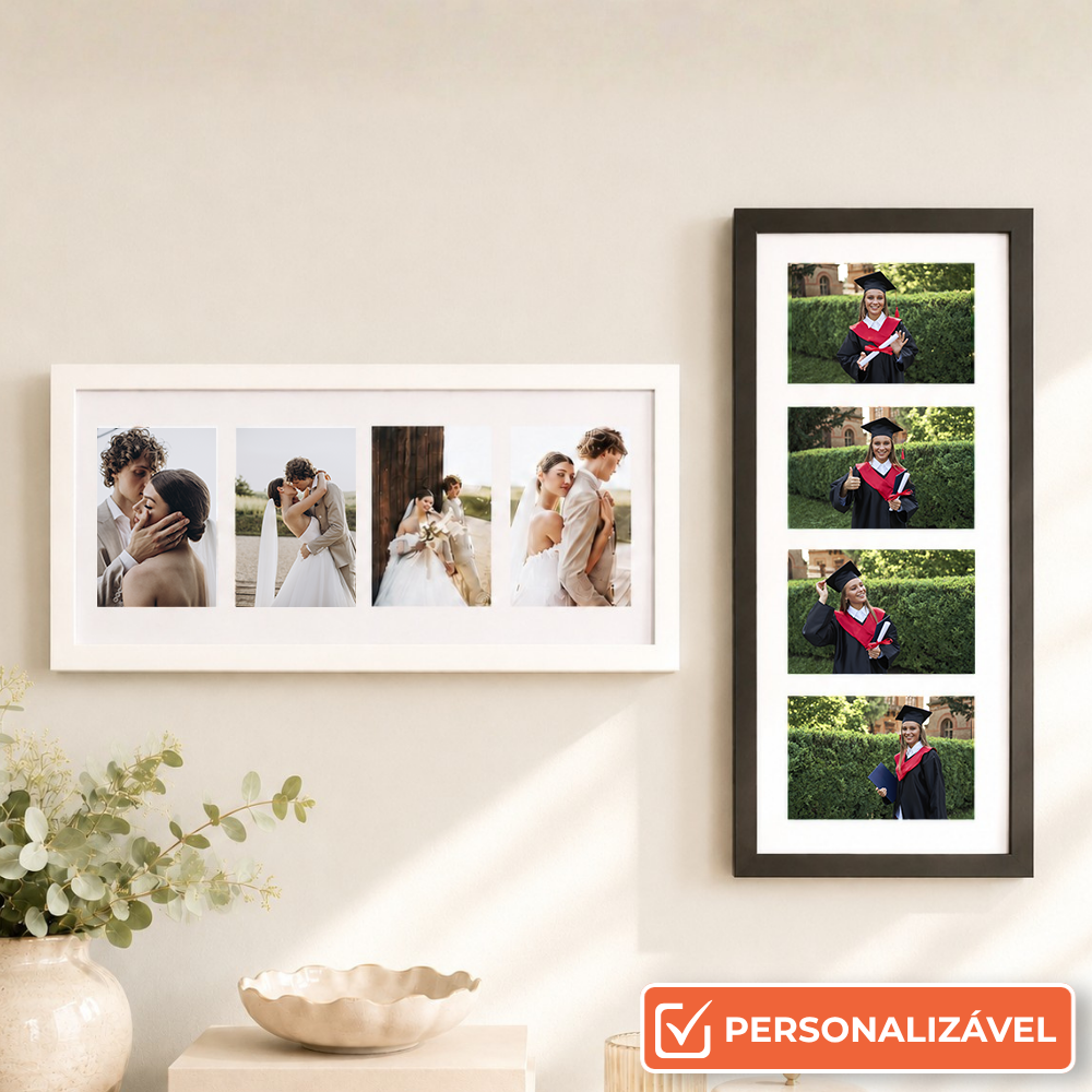 Porta-Retrato Personalizado com 4 Fotos 25x53 cm | 1 Unidade | Horizontal/Vertical | Branco/Preto | Com Paspatur