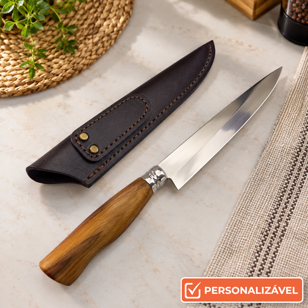 Faca para Churrasco Personalizada Inox Artesanal Cabo Madeira 7″ c/ Bainha