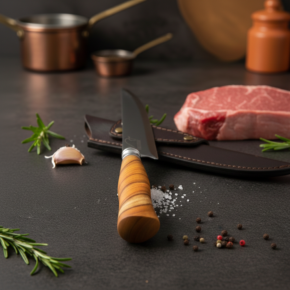 Faca para Churrasco Personalizada Inox Artesanal Cabo Madeira 7″ c/ Bainha