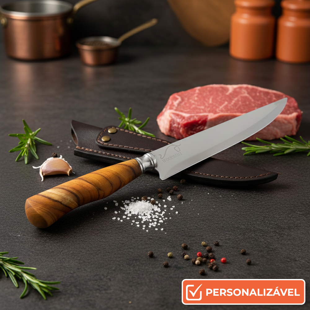 Faca para Churrasco Personalizada Inox Artesanal Cabo Madeira 7″ c/ Bainha