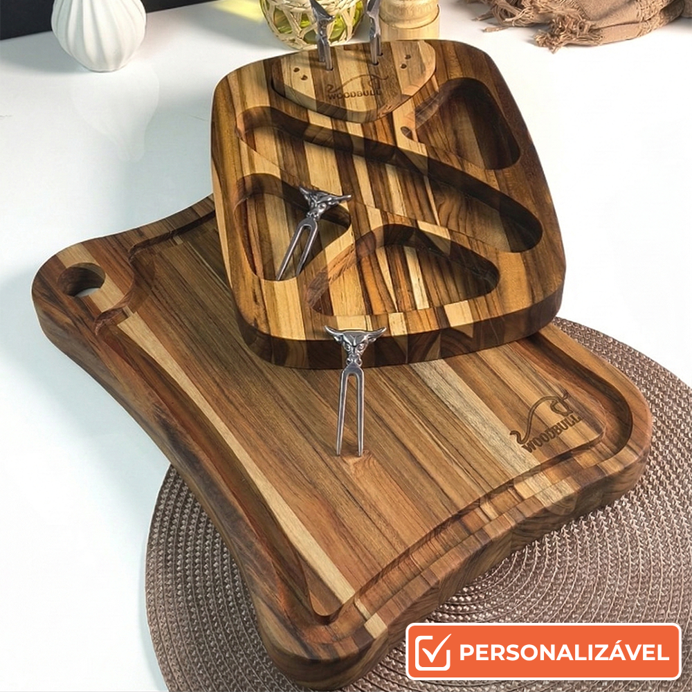 Kit com Tábua de Corte e Petisqueira com 4 Garfos para Petiscos