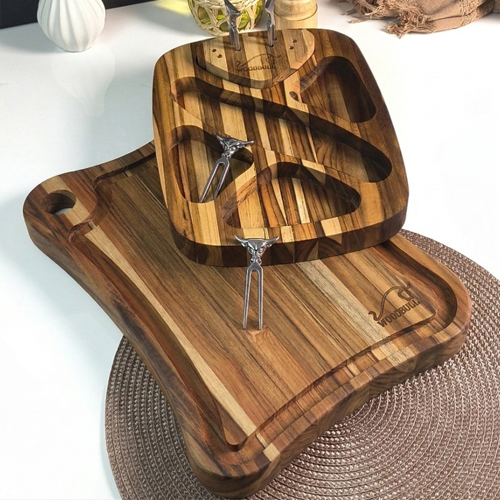 Kit com Tábua de Corte e Petisqueira com 4 Garfos para Petiscos