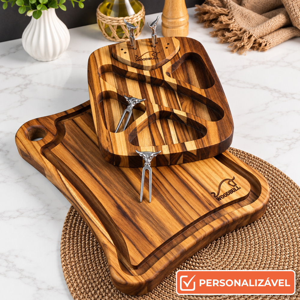 Kit com Tábua de Corte e Petisqueira com 4 Garfos para Petiscos