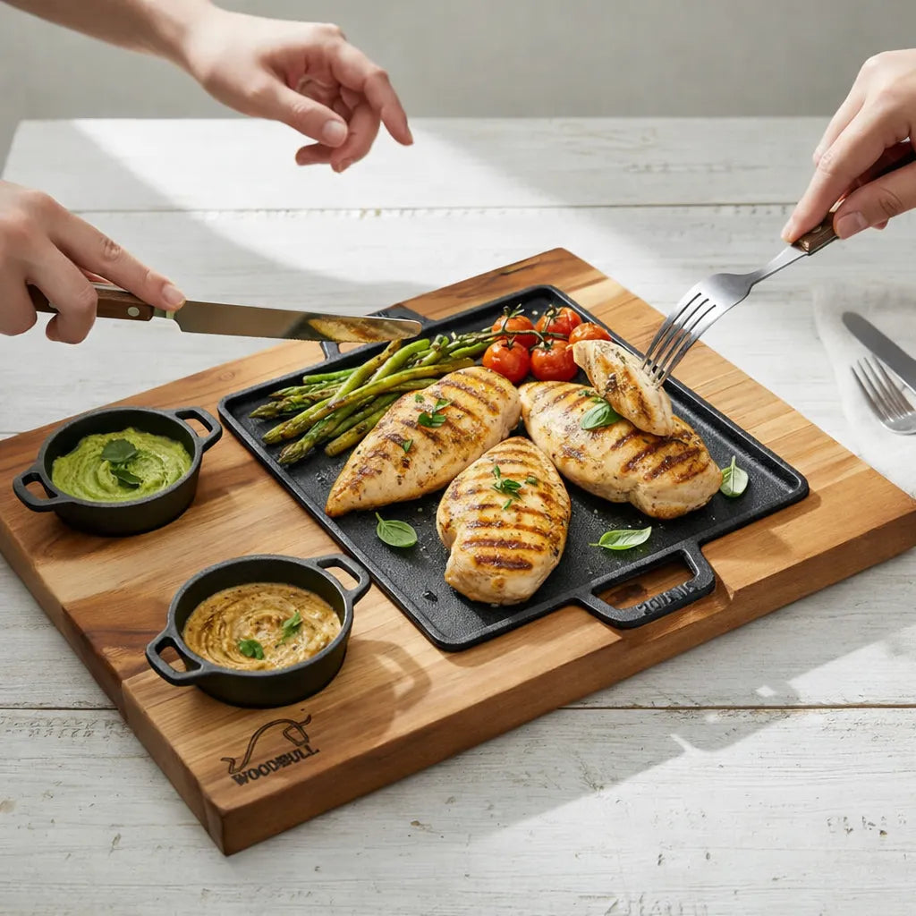 Tábua de Madeira com Chapa de Ferro Fundido e 2 Molheiras para Servir