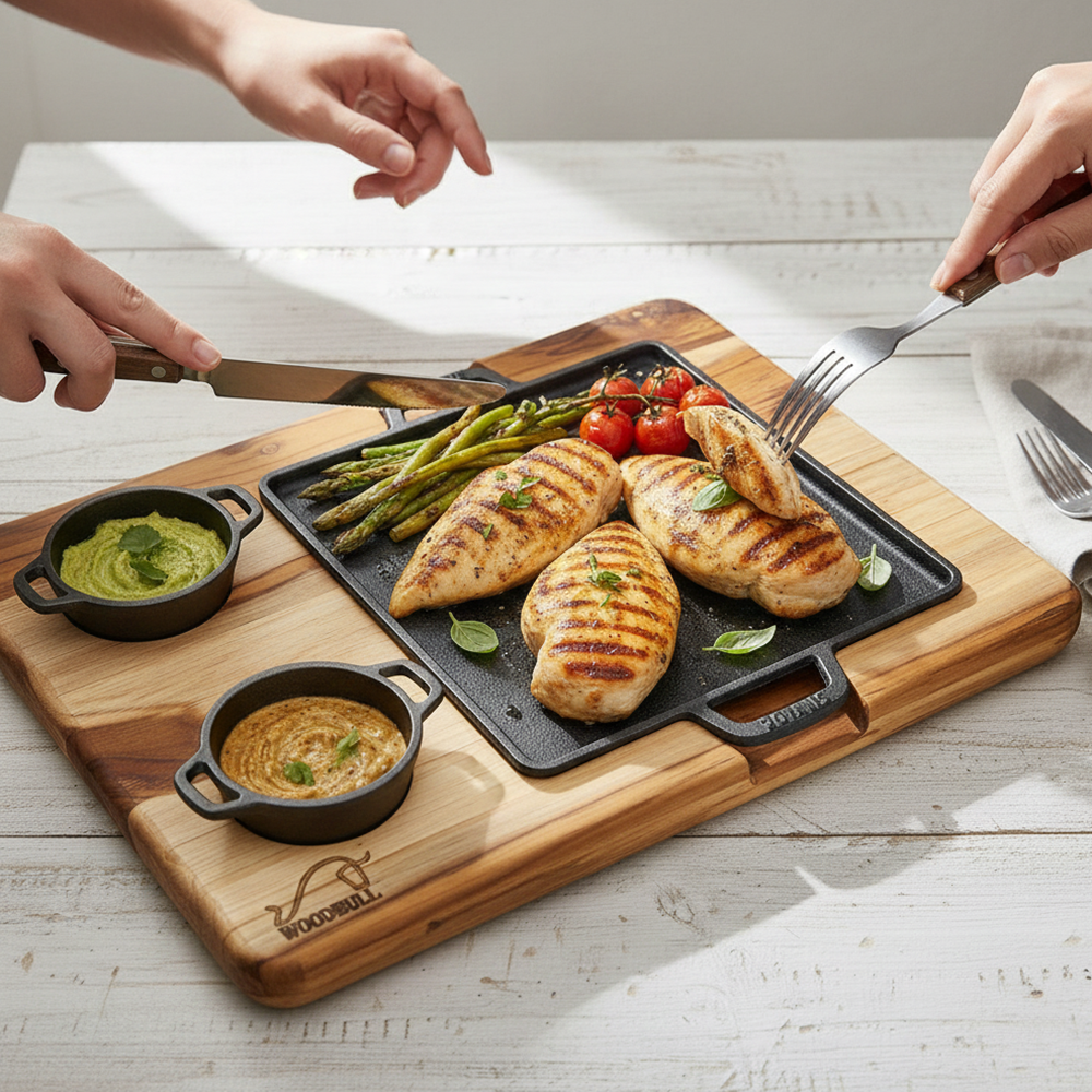 Tábua de Madeira com Chapa de Ferro Fundido e 2 Molheiras