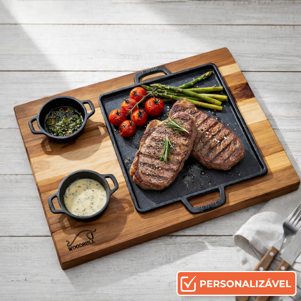 Tábua de Madeira com Chapa de Ferro Fundido e 2 Molheiras para Servir