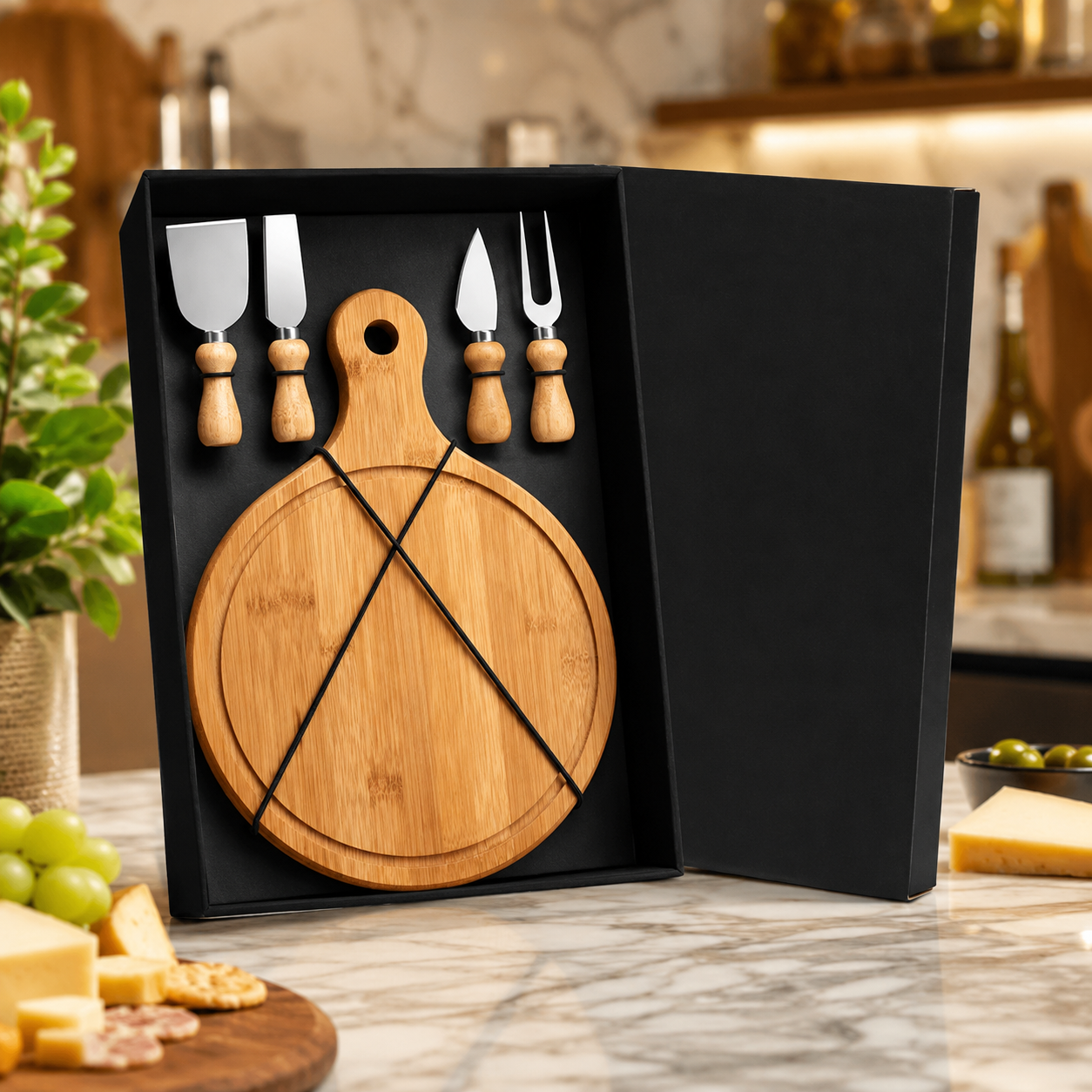 Kit Queijo Presente em Bambu, Madeira e Inox | 5 Peças