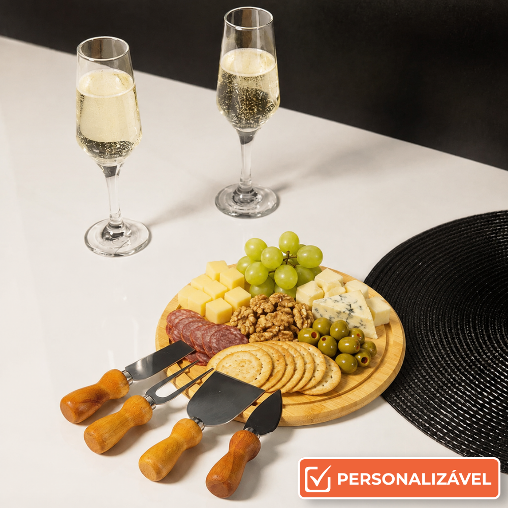 Kit Queijo e Champagne Presente com Espaço para Garrafa | 7 Peças