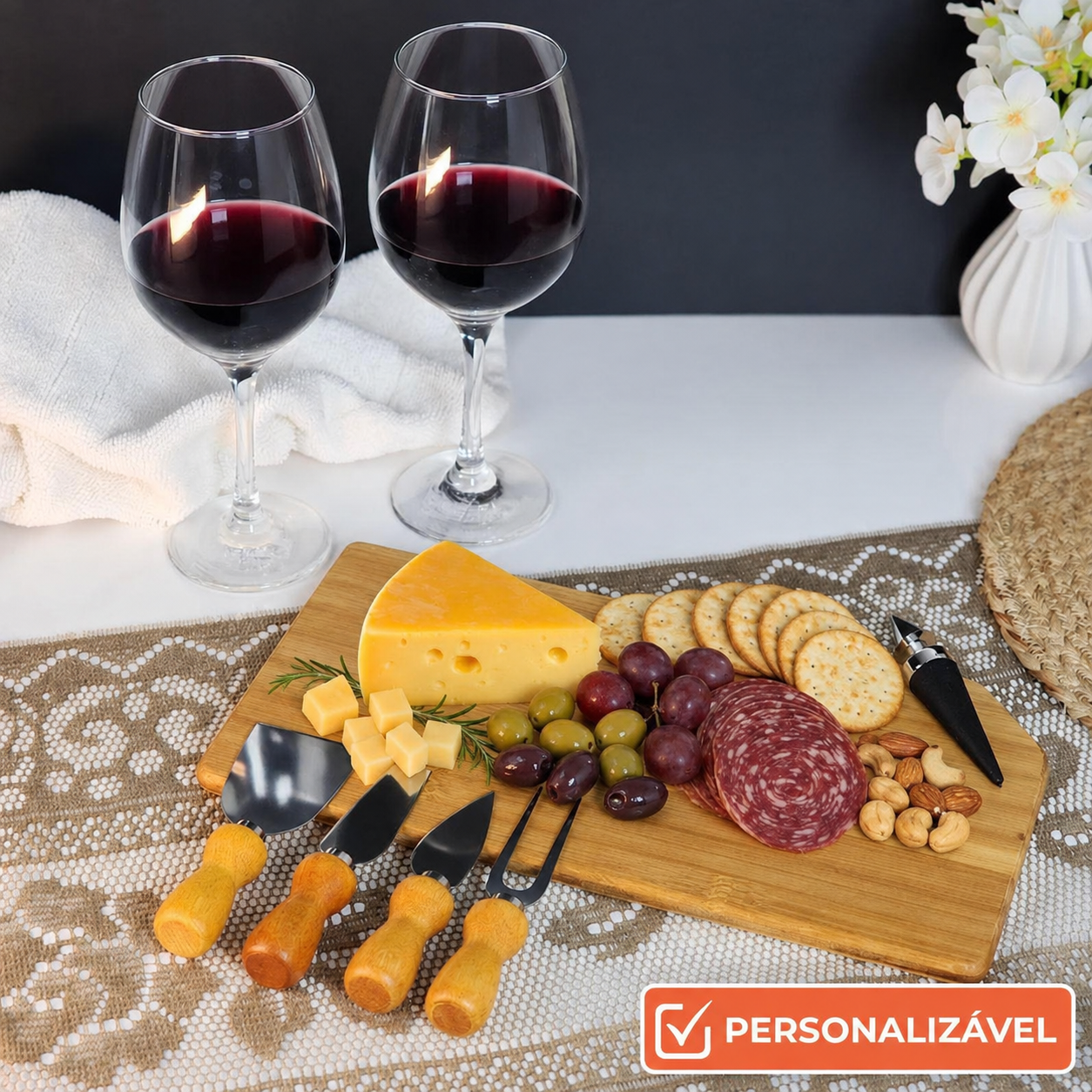 Kit Queijo e Vinho Presente Completo | 8 Peças
