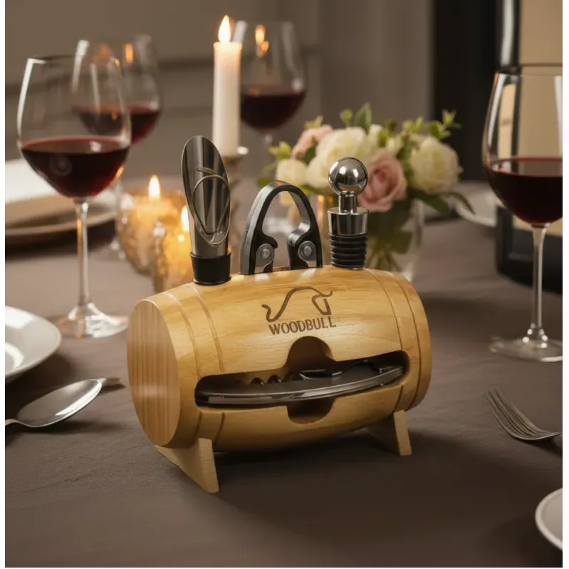 Kit para Vinho com 4 Peças e Suporte de Barril Decorativo